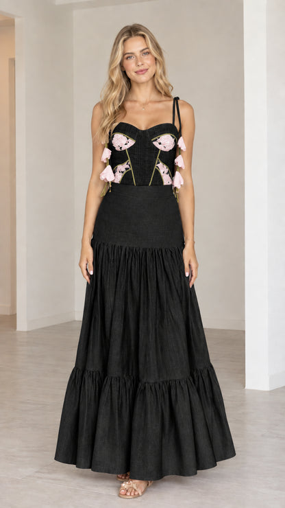 Black embroidered corset top and tiered maxi skirt set