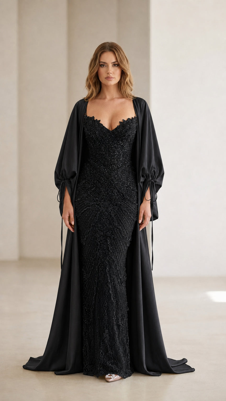 Front view of black color variant of the evening gown and cape