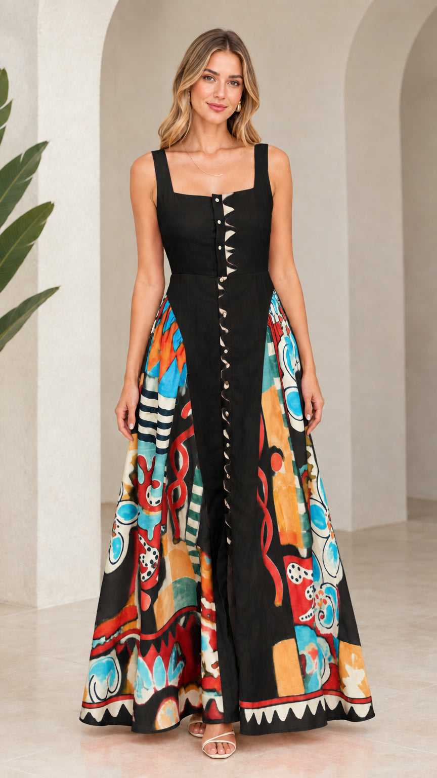 Front view of black and cream colorblock abstract print sleeveless maxi dress