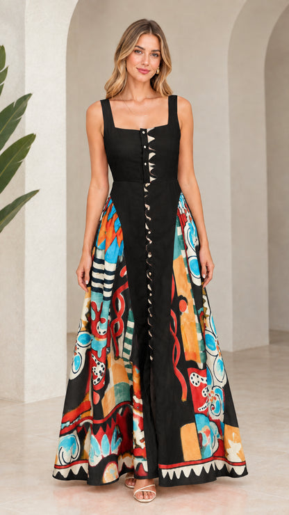 Front view of black and cream colorblock abstract print sleeveless maxi dress