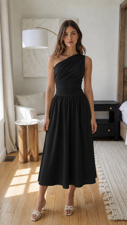 Front view of black one-shoulder midi dress