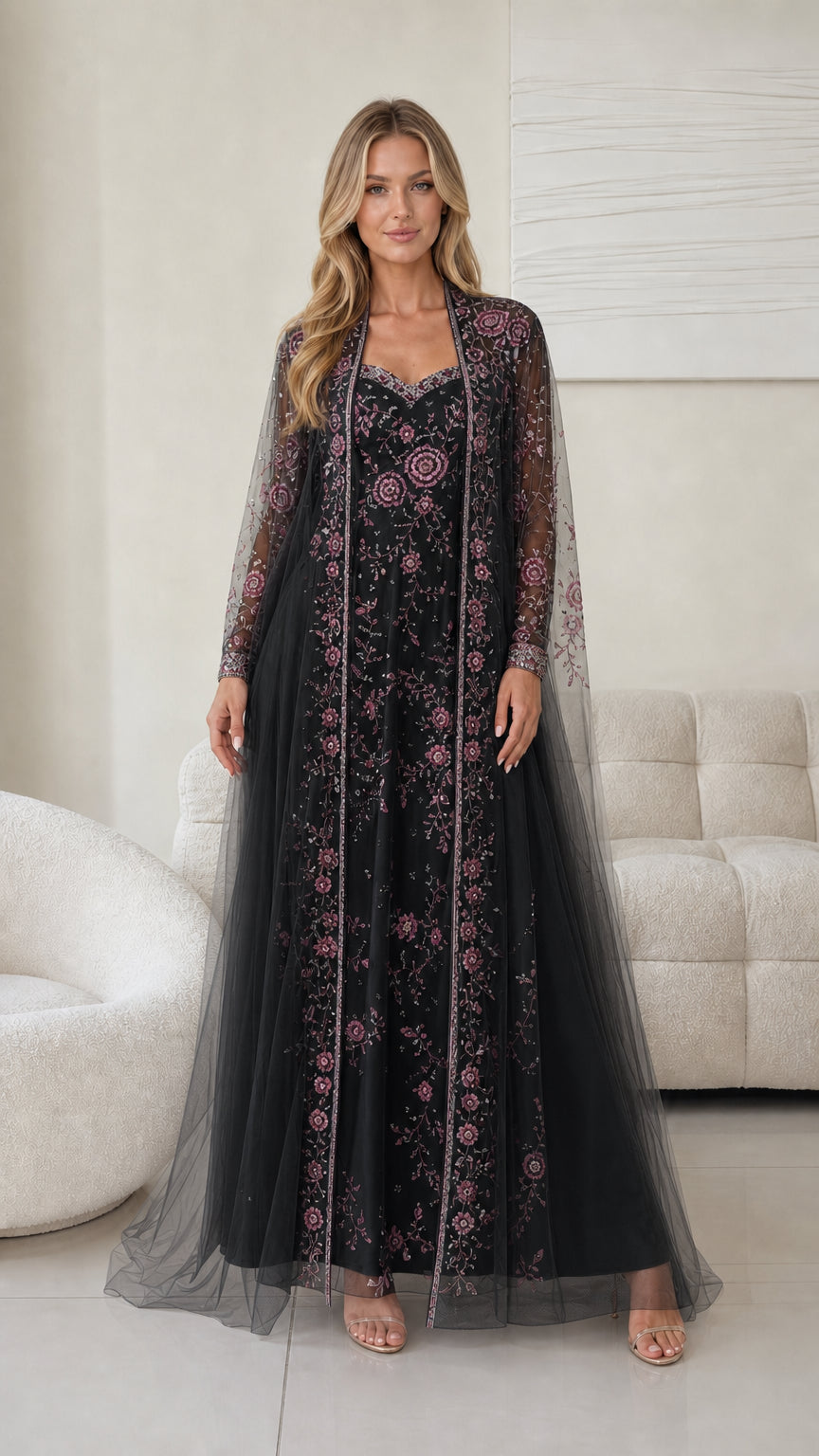 Front view of black embroidered tulle evening dress and jacket set