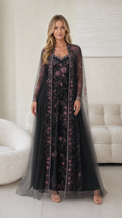 Front view of black embroidered tulle evening dress and jacket set