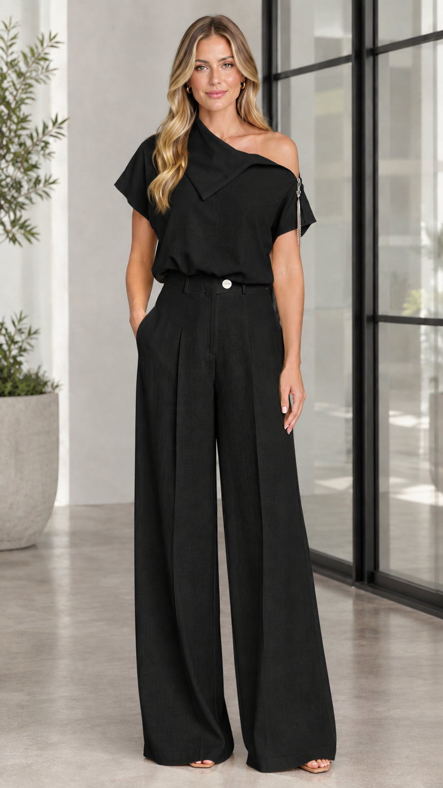 Classic Black asymmetric top and wide leg pleated pants set