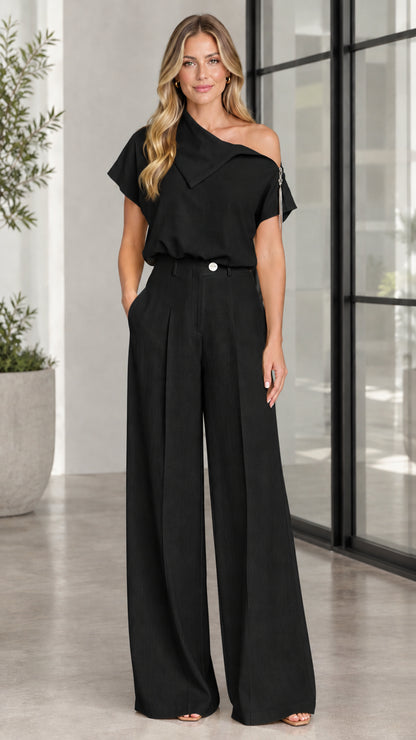 Classic Black asymmetric top and wide leg pleated pants set