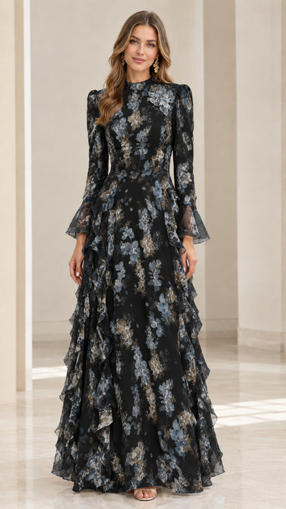 Front view of model wearing black floral long sleeve tiered ruffle maxi dress