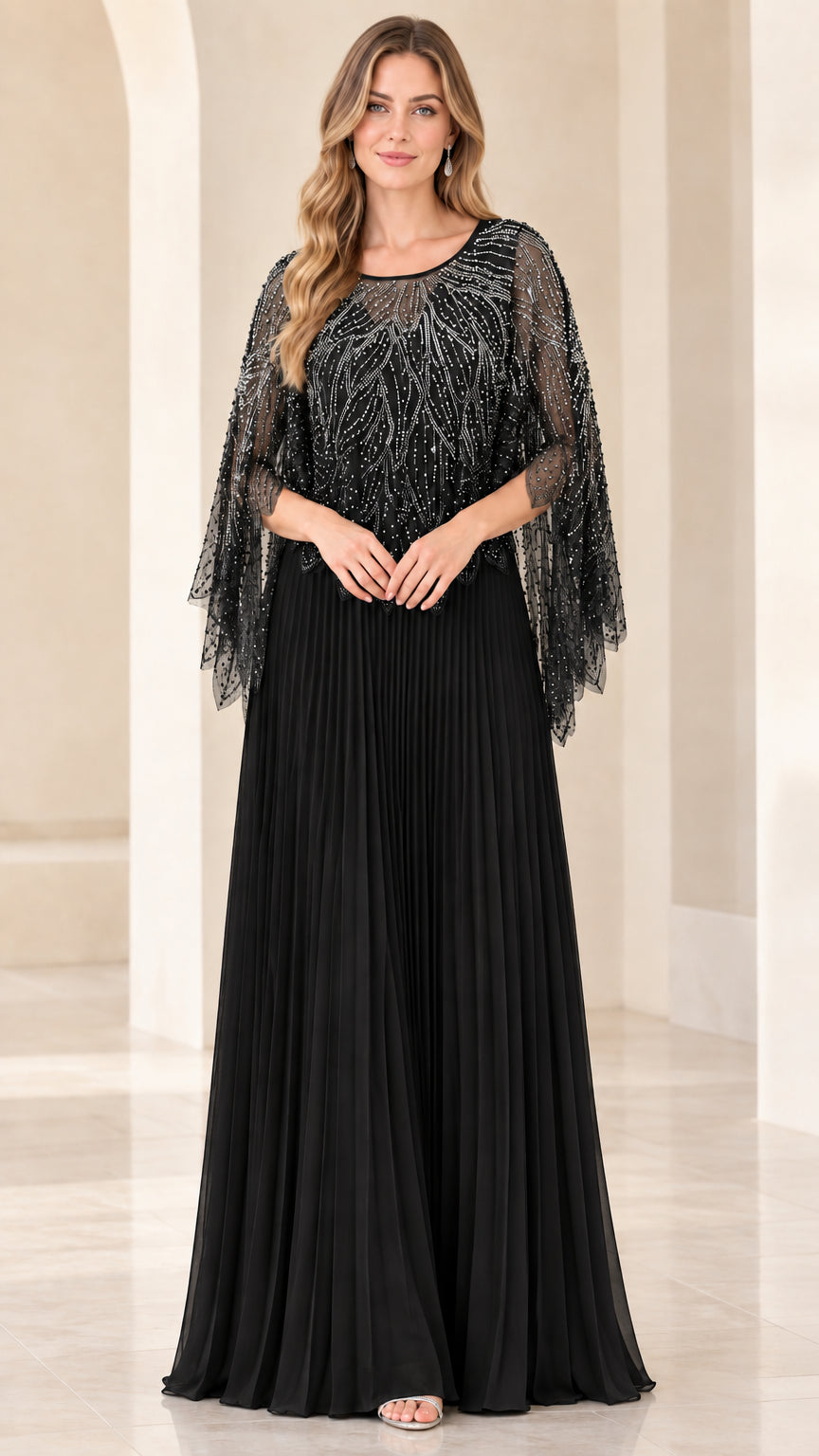Black beaded capelet pleated maxi evening gown