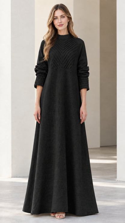 Front view of black long sleeve mock neck pleated maxi dress