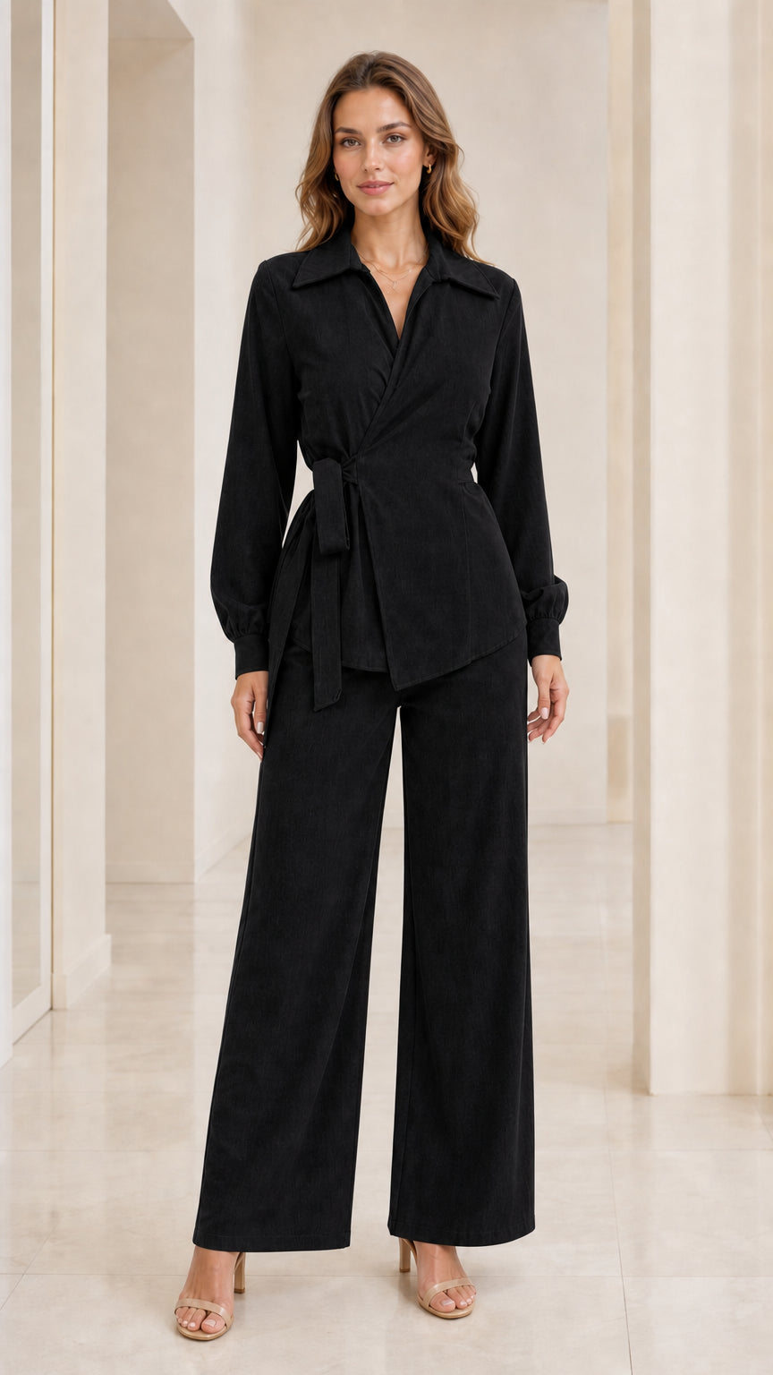 Front view of woman wearing black wrap blouse and wide-leg trousers
