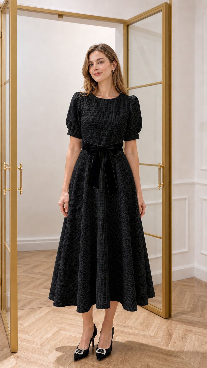 Black textured puff sleeve midi dress with black velvet tie belt