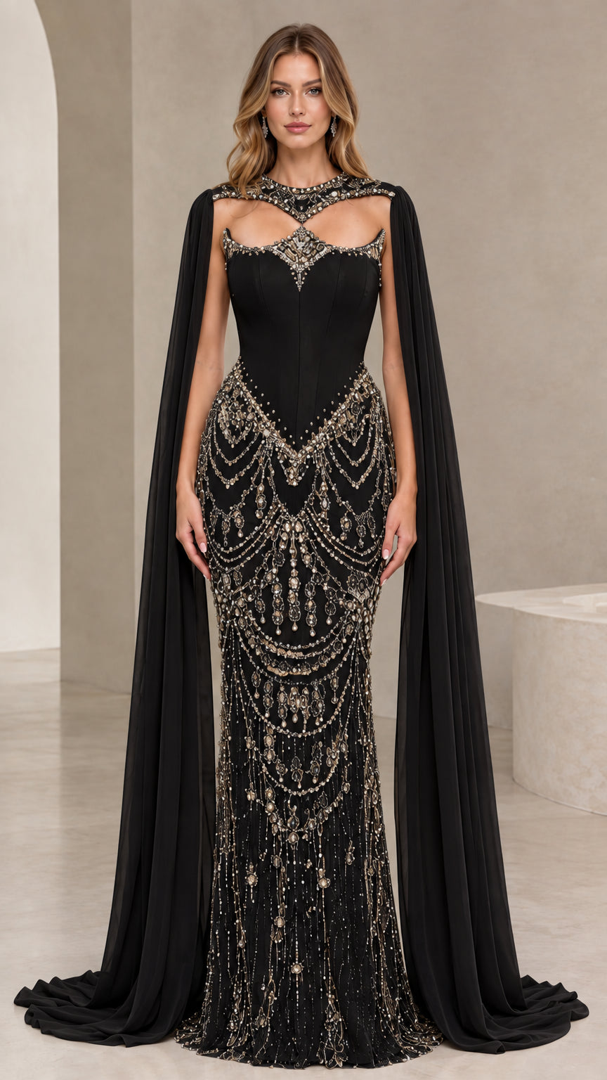 Black embellished corset formal gown with long flowing cape sleeves
