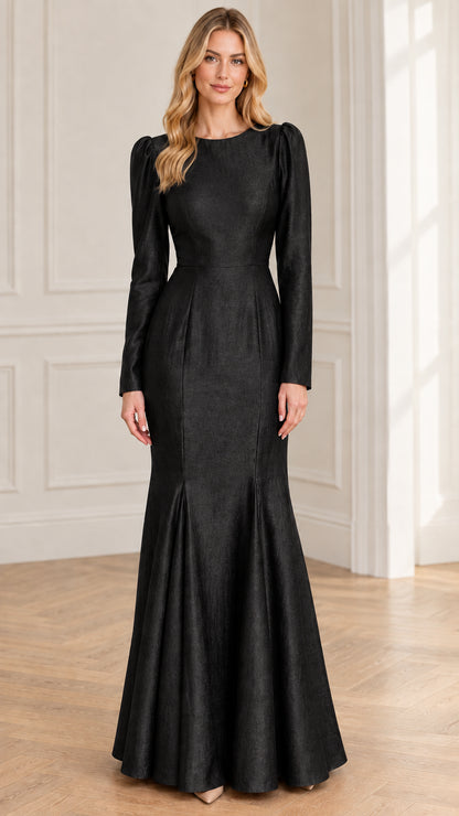 Black long sleeve textured jacquard mermaid evening gown