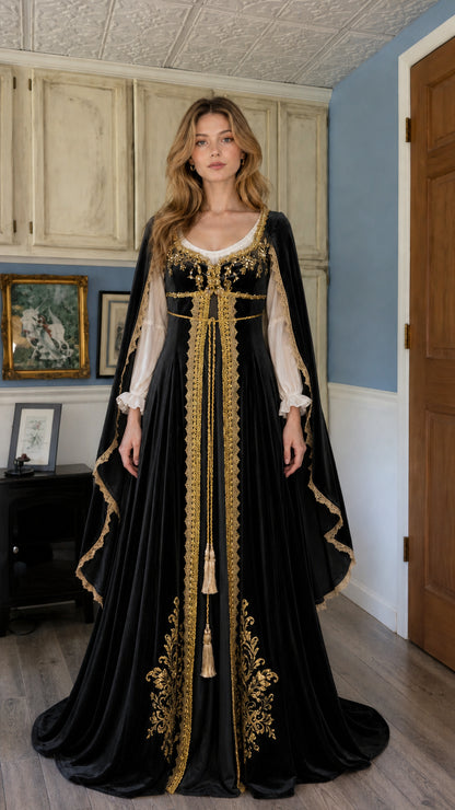 Front view of black Renaissance velvet dress with gold details