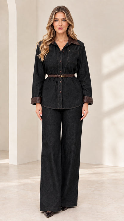 Front view of model wearing Black belted shirt and matching wide-leg trousers set