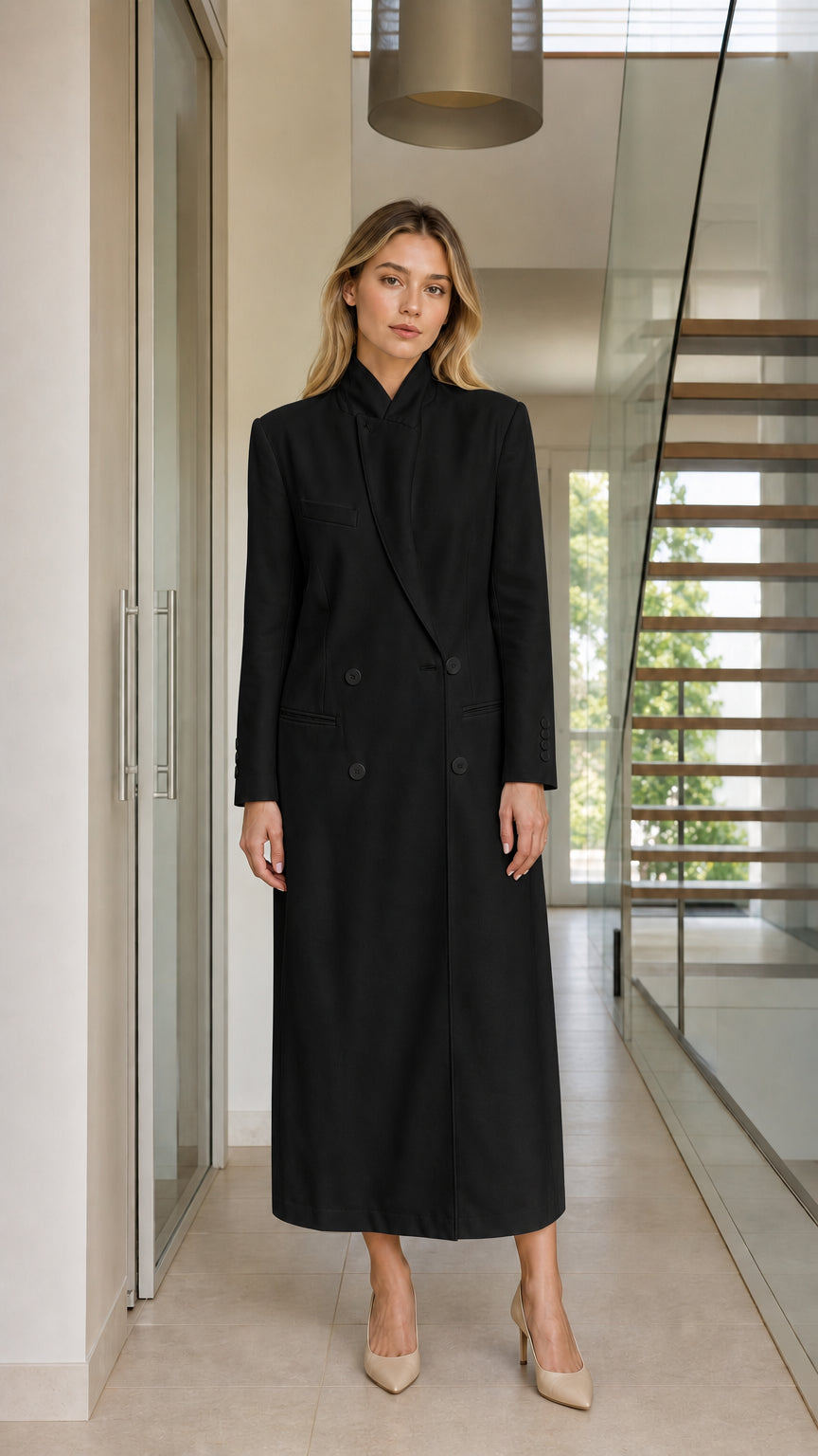 Model wearing black double-breasted stand collar maxi coat dress