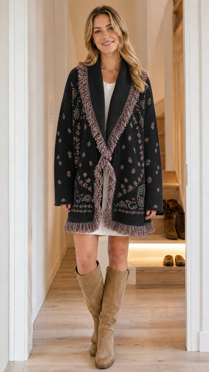 Woman wearing black jacquard fringe open-front cardigan coat