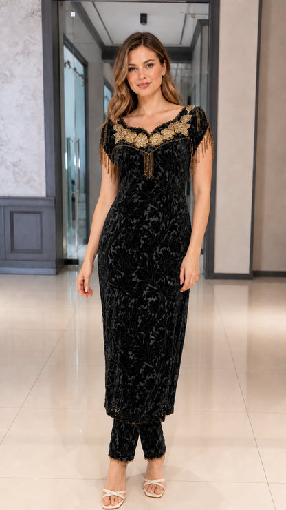 Model wearing Black embellished burnout velvet tunic and pants set