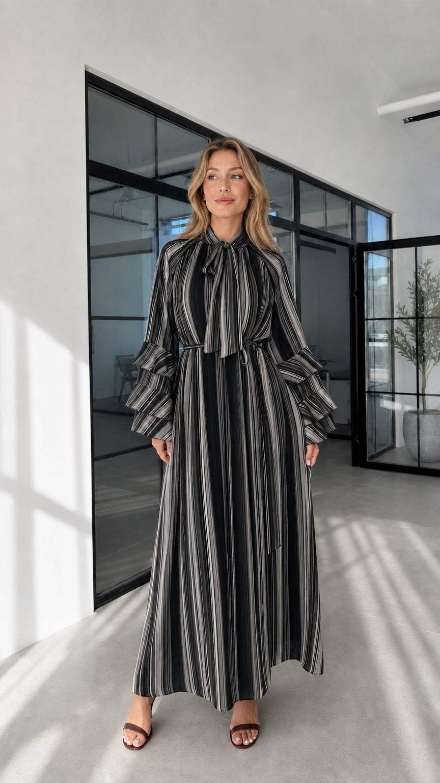 Model wearing black striped ruffle sleeve maxi dress front view