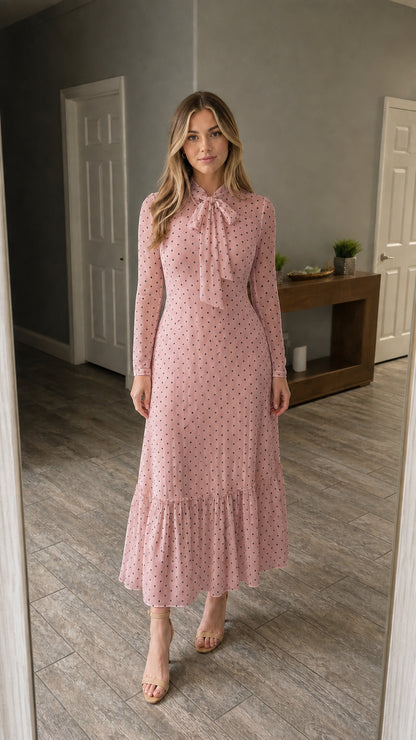 Front view of pink polka dot long sleeve maxi dress