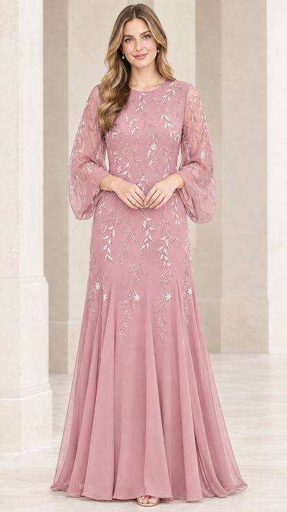 Front view of dusty rose pink sequined maxi formal dress with sheer sleeves