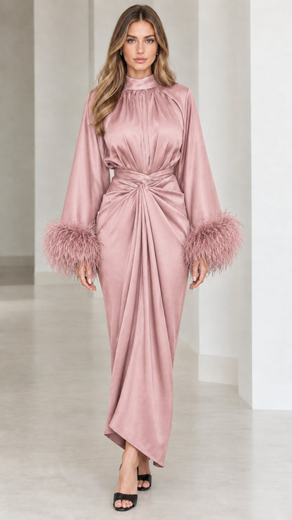 Dusty pink satin mock neck maxi dress with matching feather cuffs