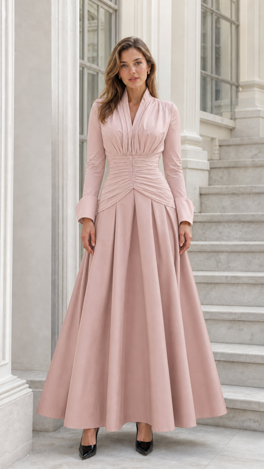 Front view of pink and pink-toned two-tone maxi dress