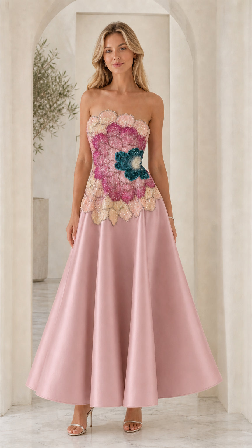 Model wearing pink variant of strapless evening dress