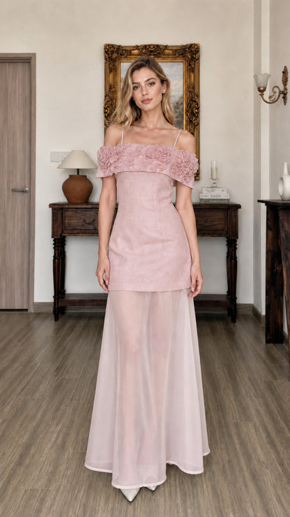Front view of model wearing pink 3D floral off-shoulder maxi dress