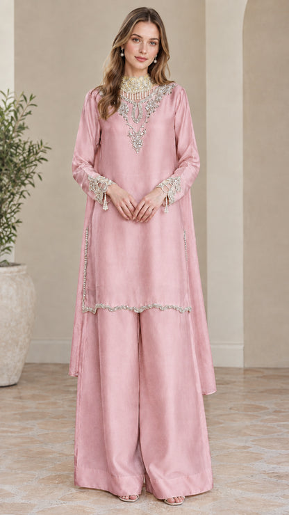 Front view of dusty pink satin embellished tunic and matching palazzo pants set