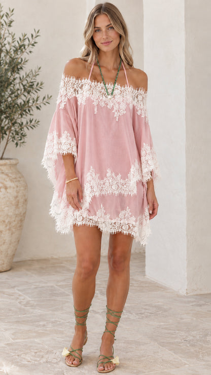 Model wearing Blush Pink off-the-shoulder bohemian cover-up dress