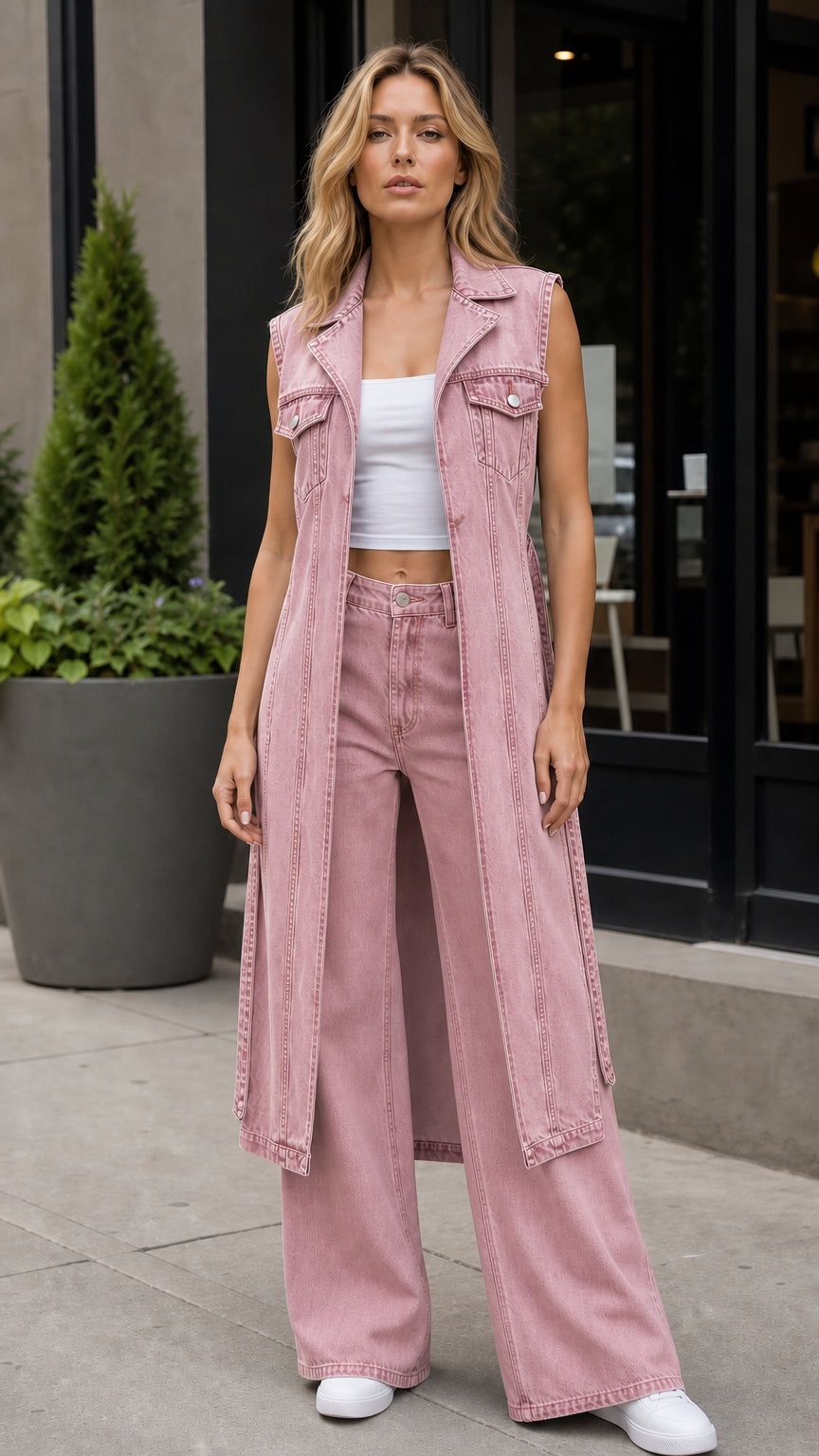 Model wearing pink long denim vest and matching wide leg pants set