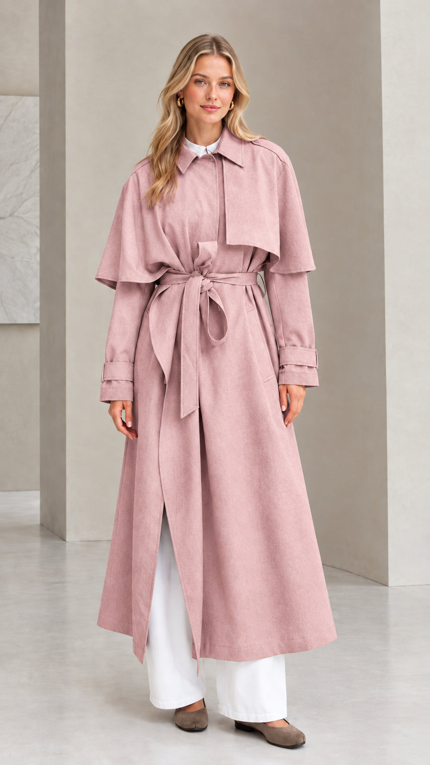 Front view of dusty pink capelet maxi trench coat with tie belt
