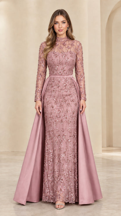 Front view of model in Dusty Rose sequined lace formal dress with satin overskirt