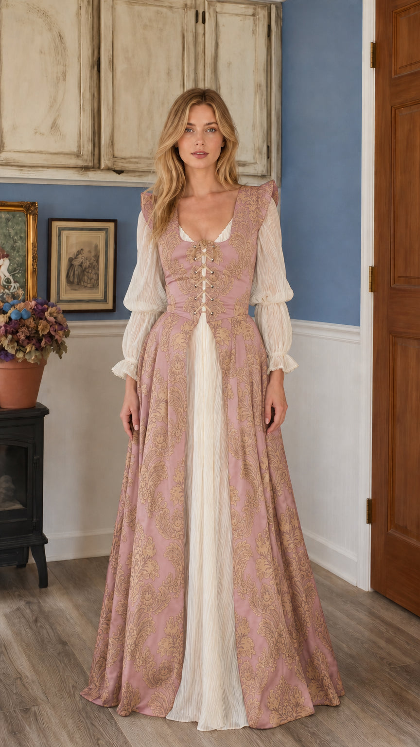 Renaissance medieval lace-up overdress gown in dusty pink