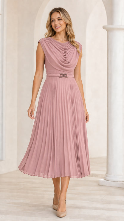 Pink cowl neck pleated midi dress
