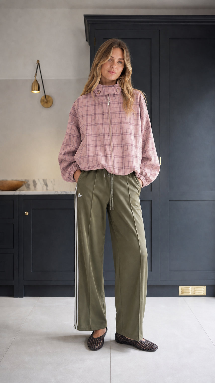 Women's dusty pink plaid zip-up stand collar jacket