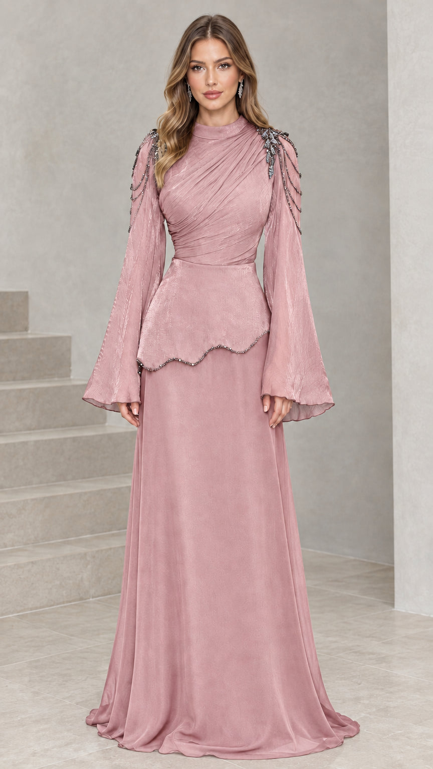 Dusty Rose ruched mock neck evening gown with bell sleeves and beaded shoulders