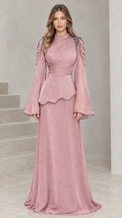 Dusty Rose ruched mock neck evening gown with bell sleeves and beaded shoulders