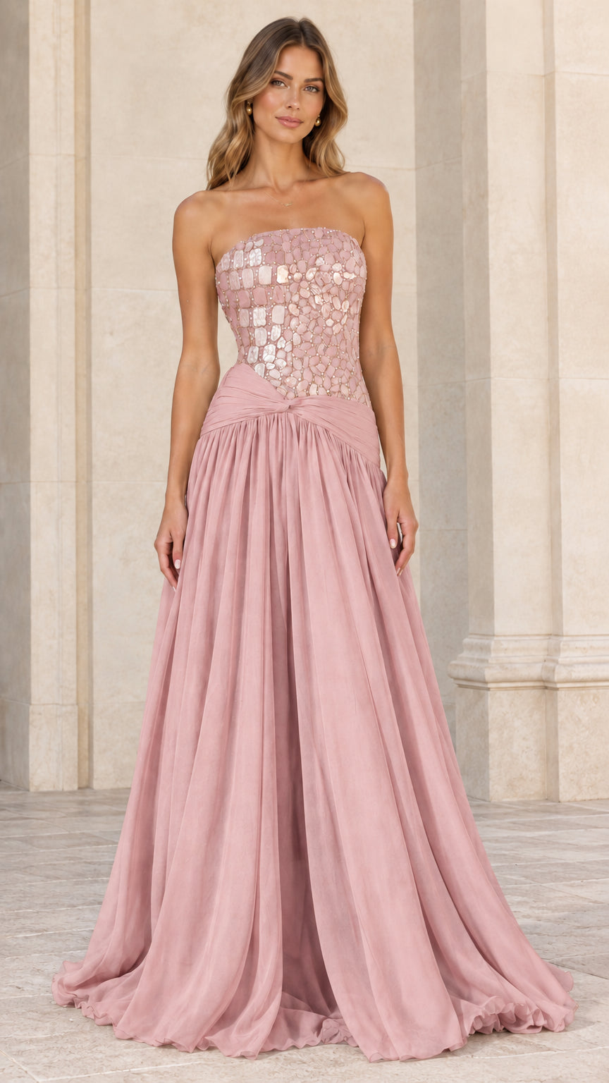 Front view of strapless embellished evening dress in Dusty Rose