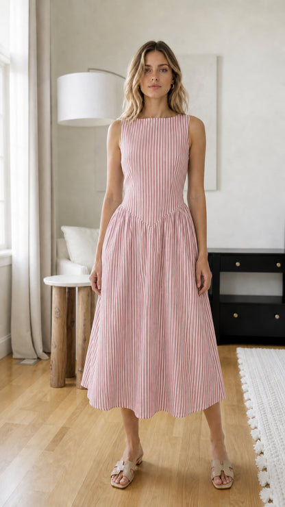 Front view of woman wearing pink striped midi dress