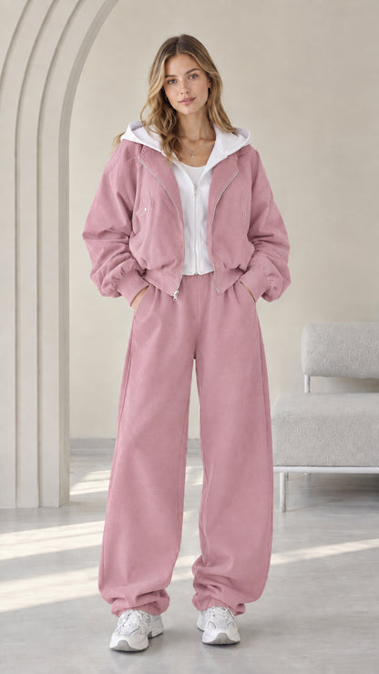 Front view of model wearing the Dusty Pink contrast hooded jacket and sweatpants set
