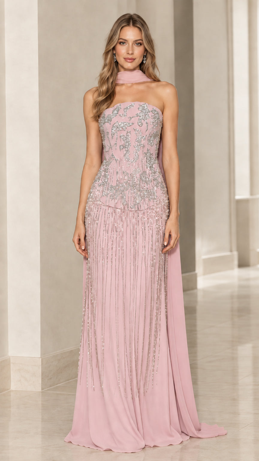Model wearing dusty pink strapless embroidered evening dress with trailing scarf