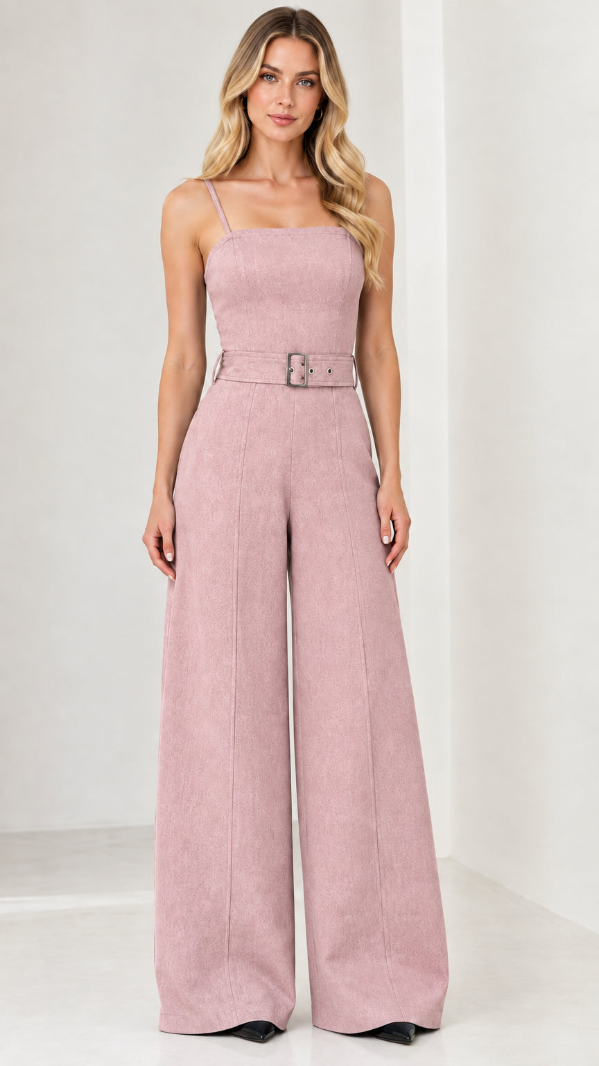 Front view of model wearing the belted wide-leg jumpsuit in dusty pink