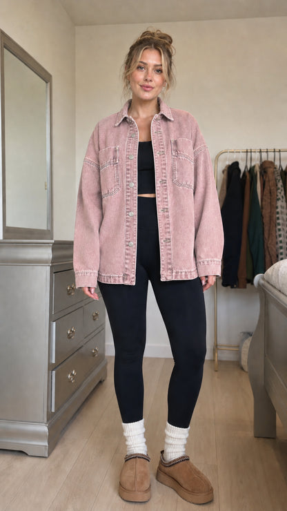 Front view of model wearing dusty pink denim shacket
