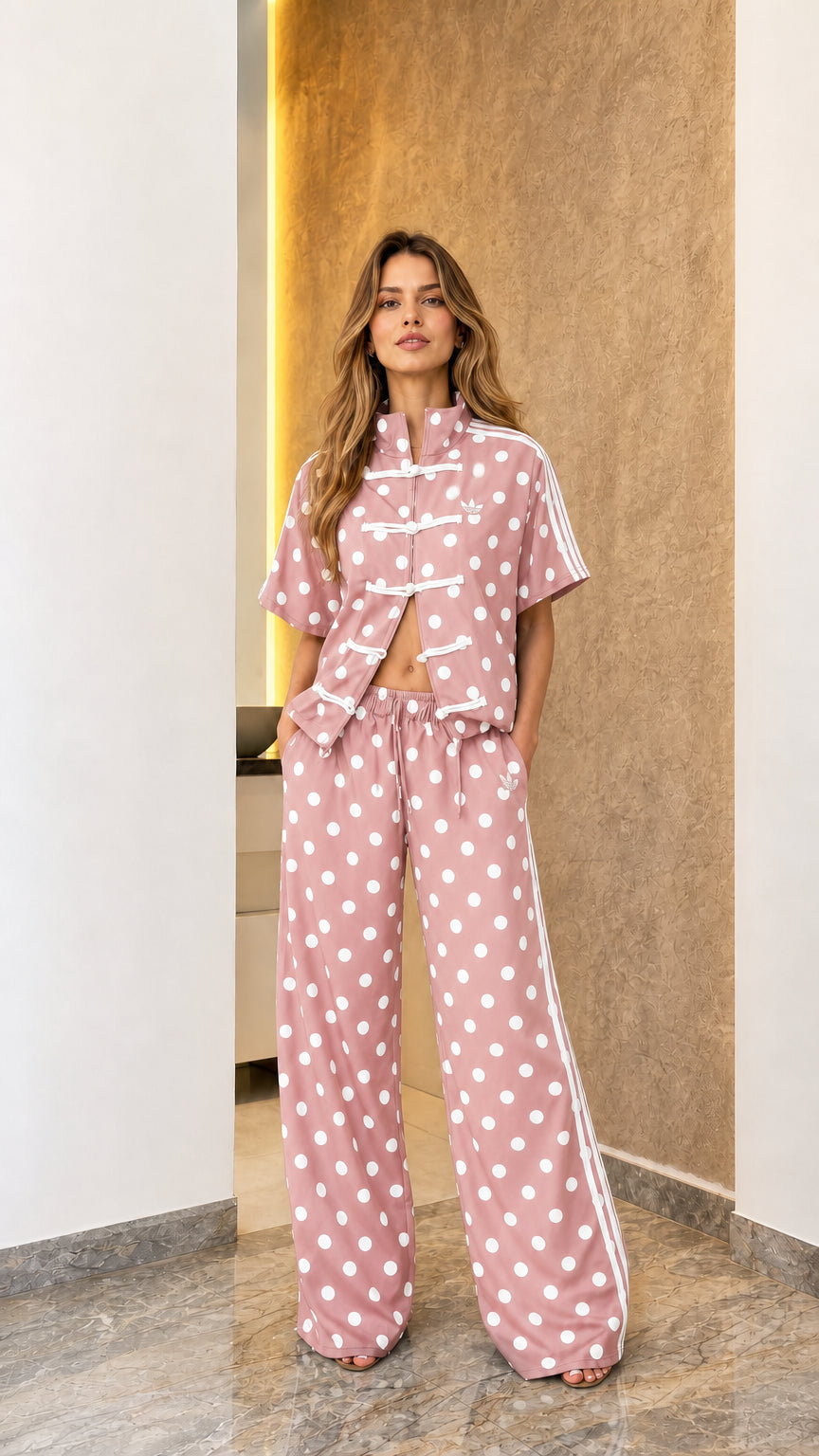 Model wearing pink polka dot track set