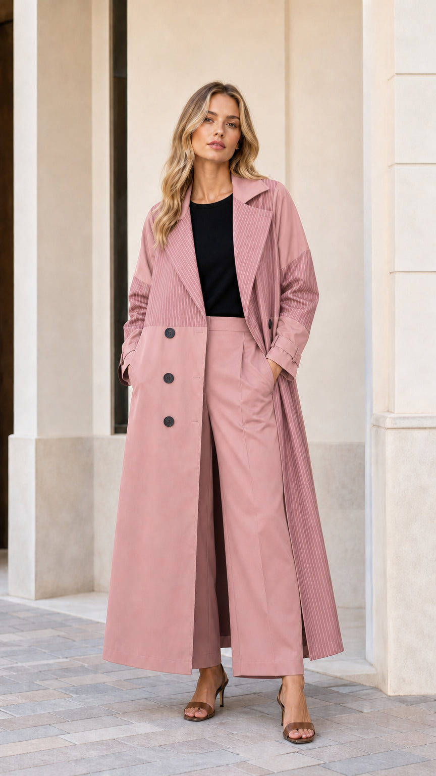 Full front view of woman wearing Dusty Rose pink colorblock pinstripe maxi trench coat