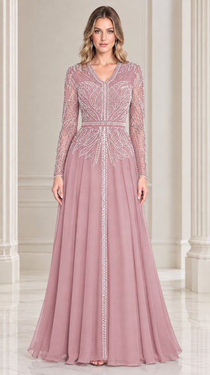 Dusty rose beaded long sleeve V-neck chiffon evening gown