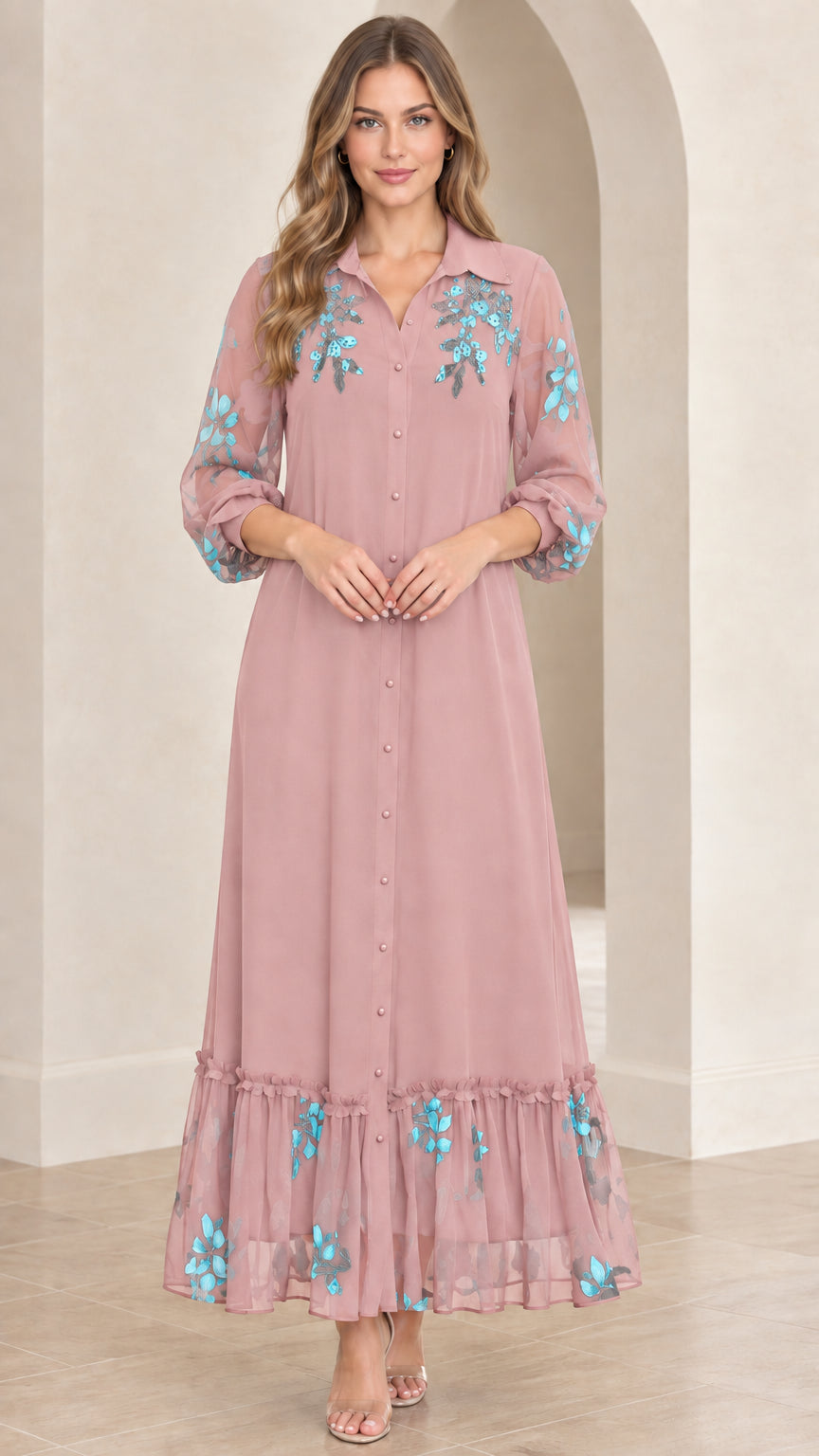 Dusty pink button-down maxi dress with contrasting turquoise floral embroidery