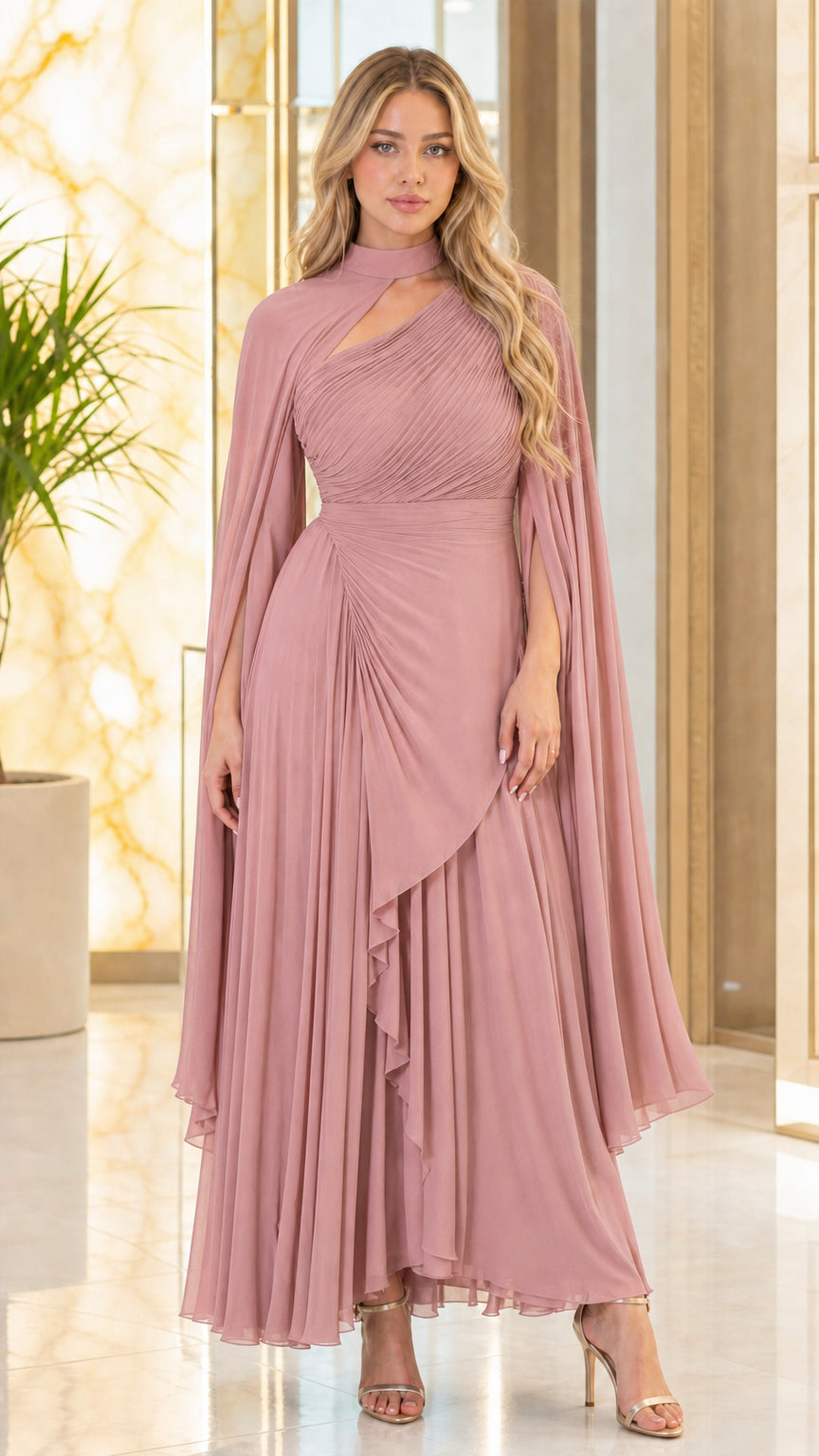 Front view of dusty rose pink pleated cape sleeve evening gown