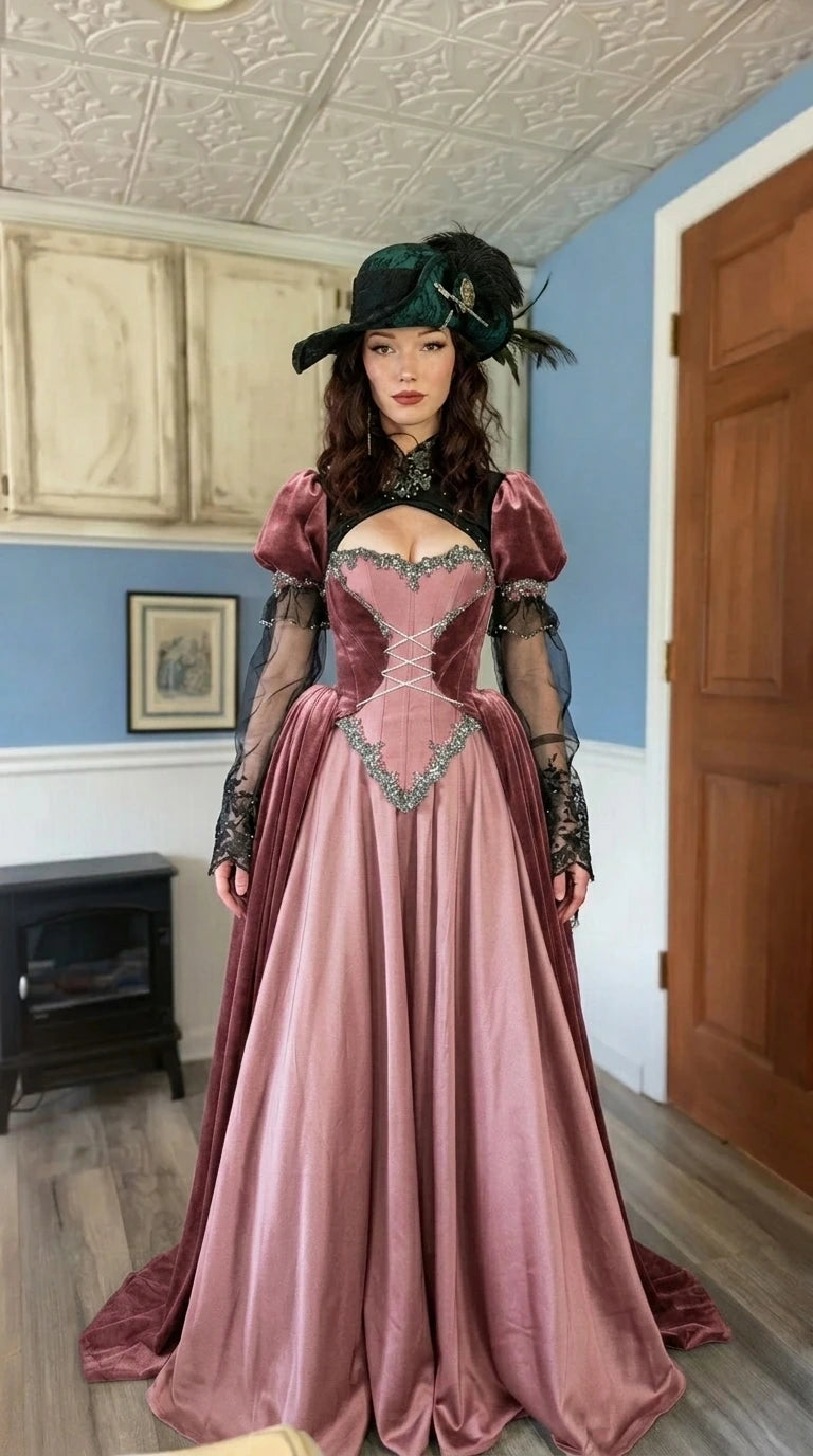 Front view of Victorian Gothic dusty rose velvet ball gown